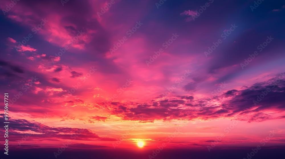 Dramatic Sunset Sky with Vivid Red and Purple Clouds on Peaceful Horizon Backdrop Dramatic Sunset Sky with Vivid Red and Purple Clouds on Peaceful Horizon Backdrop