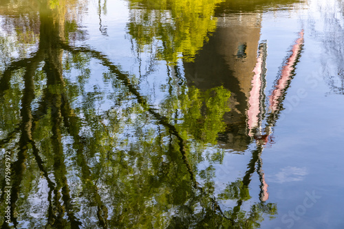 Obraz na płótnie Reflection of a windmill in the village of IJsselstein in the province of Utrecht, Netherlands w salonie