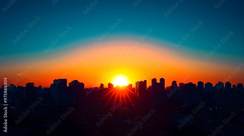 Vibrant Sunset Over Skyscraper Skyline with Clear Sky for Copy Space Vibrant Sunset Over Skyscraper Skyline with Clear Sky for Copy Space