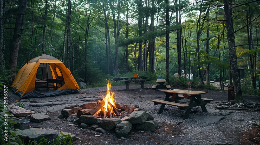 A Campsite with a Tent, Firepit, and Picnic Tables Surrounded by Trees A Campsite with a Tent, Firepit, and Picnic Tables Surrounded by Trees