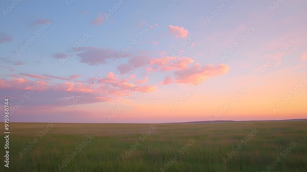 Soft Pink and Orange Sunset Sky Over Open Meadow Landscape Soft Pink and Orange Sunset Sky Over Open Meadow Landscape