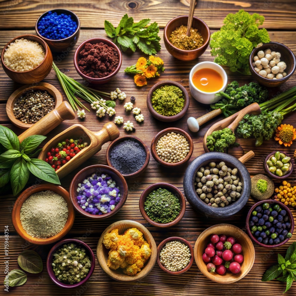 A vibrant assortment of fresh herbs, spices, and natural ingredients artfully arranged on a rustic wooden table, showcasing the diversity and richness of culinary elements A vibrant assortment of fresh herbs, spices, and natural ingredients artfully arranged on a rustic wooden table, showcasing the diversity and richness of culinary elements