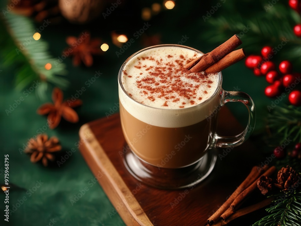 Cinnamon sprinkled atop a frothy latte, creating a cozy, inviting atmosphere, [spice , latte , cinnamon], [comforting warmth],