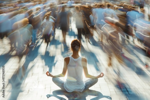 Woman meditating in yoga lotus pose as motion-blurred crowd rushes by in different directions, symbolizing calm amidst the hustle and bustle. photo