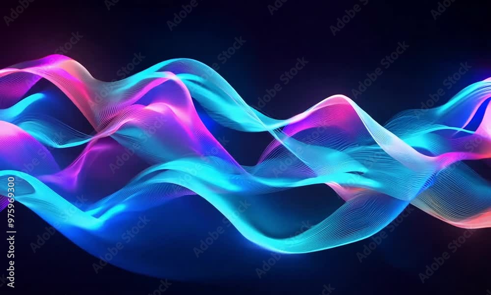 Dark purple background with neon blue and pink light waves, creating an abstract composition