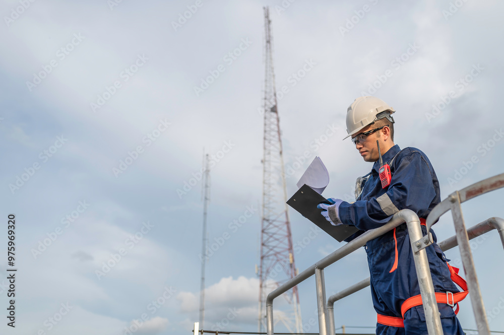 Engineer in Full Safety Gear Climbing a Ladder to Inspect Communication Signals and Industrial Machinery at a High-Risk Transportation Facility Engineer in Full Safety Gear Climbing a Ladder to Inspect Communication Signals and Industrial Machinery at a High-Risk Transportation Facility