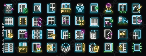 Windows installation and repair service neon icons set. Glowing sign collection with french door, jalousie, sliding sash window