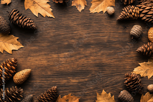 Fall themed background with leaves, pine cones, and acorns with copy space made of wood