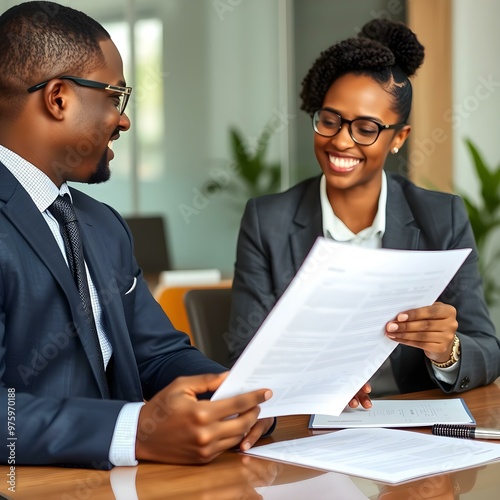 Smiling African female financial advisor, attorney lawyer or bank manager consulting male client investor reading document at business meeting reviewing legal paper planning taxes working in office.