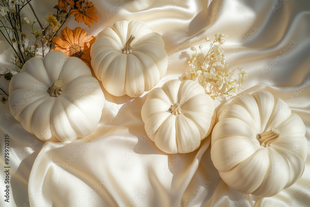 Four white pumpkins arranged on a satin fabric with floral accents, abstract fall background concept Four white pumpkins arranged on a satin fabric with floral accents, abstract fall background concept