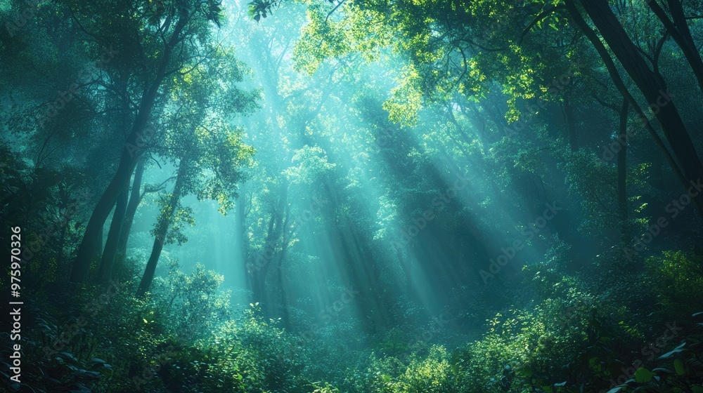 Fototapeta premium Soft blue light filters through the trees in a lush, green forest, adding an enchanting, mysterious vibe.