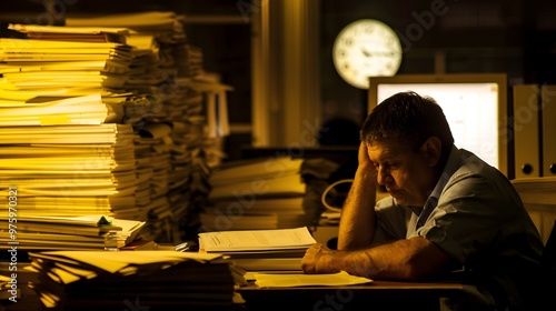 Tired office worker at desk late at night, surrounded by stacks of papers and computer screen, clock shows 10 PM, long workplace hours, professional work environment.