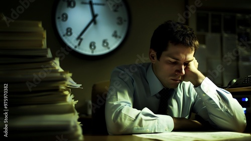 Tired office worker at desk late at night, surrounded by stacks of papers and computer screen, clock shows 10 PM, long workplace hours, professional work environment.
