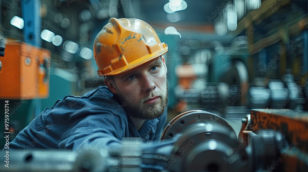 Industrial Worker Inspecting Machinery in a Factory Industrial Worker Inspecting Machinery in a Factory