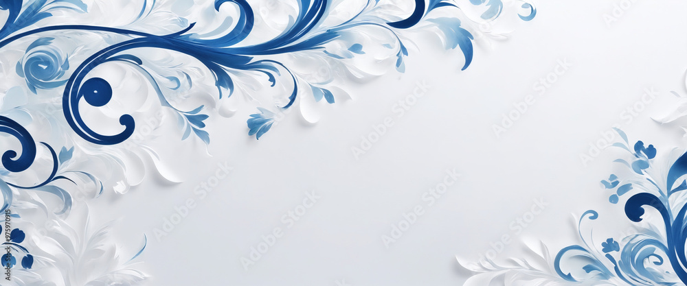 White paper background with blue flourishes and copy space White paper background with blue flourishes and copy space