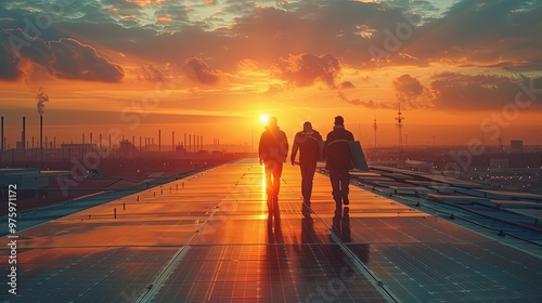 Two Silhouetted Figures Walk on a Solar Panel Rooftop at Sunset