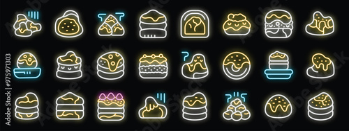 Glowing signs with different types of choux pastry, design elements for bakery, pastry shop, cafe, restaurant