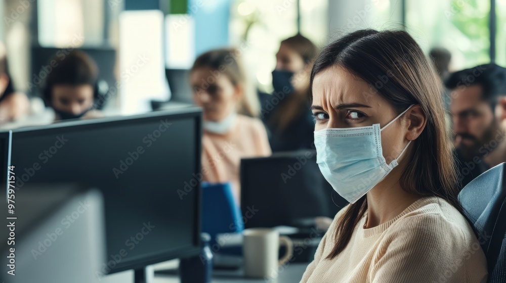 A crowded office where one employee is visibly unwell, wearing a face mask, while others are concerned, showcasing the impact of contagious diseases in a shared workspace A crowded office where one employee is visibly unwell, wearing a face mask, while others are concerned, showcasing the impact of contagious diseases in a shared workspace