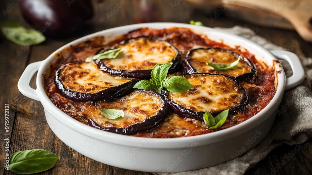 Eggplant Parmigiana, a classic Italian dish featuring layers of breaded eggplant slices baked with marinara sauce and melted cheese, offering a rich and savory flavor. Eggplant Parmigiana, a classic Italian dish featuring layers of breaded eggplant slices baked with marinara sauce and melted cheese, offering a rich and savory flavor.