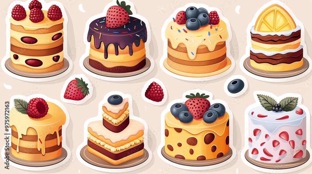 Set of various birthday cakes. Vector flat illustration sticker pack. Cliparts for holidays and greetings Set of various birthday cakes. Vector flat illustration sticker pack. Cliparts for holidays and greetings