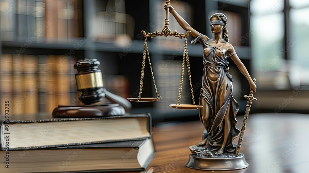 Lady Justice Statue with Gavel and Books on a Wooden Table Lady Justice Statue with Gavel and Books on a Wooden Table