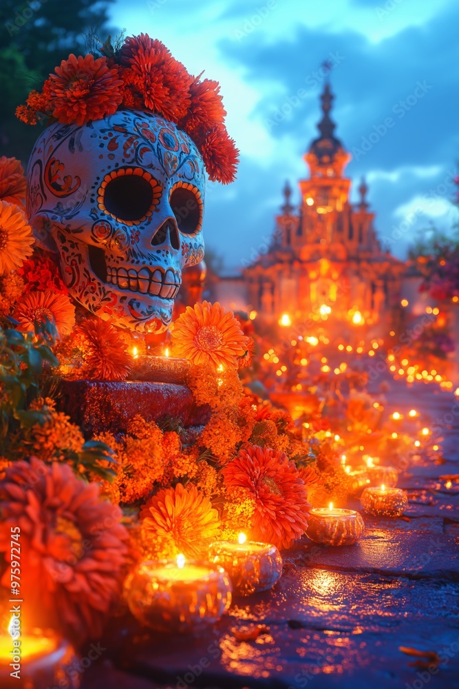 Obraz premium Day of the Dead altar decorated with candles, fruits, marigolds, and painted skulls