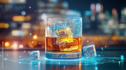 Whiskey glass, floating ice cubes, hologram data on whiskey origin, sleek futuristic setting