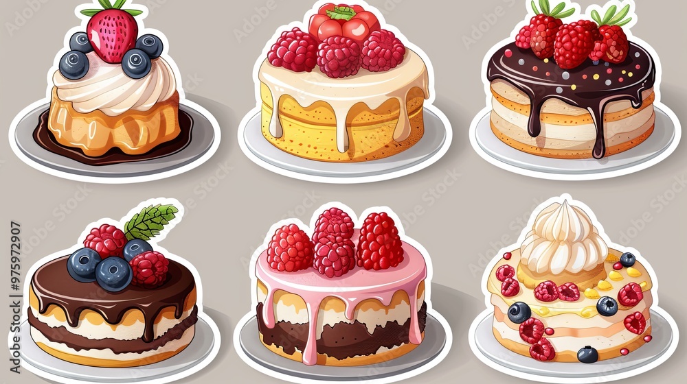 Set of various birthday cakes. Vector flat illustration sticker pack. Cliparts for holidays and greetings Set of various birthday cakes. Vector flat illustration sticker pack. Cliparts for holidays and greetings