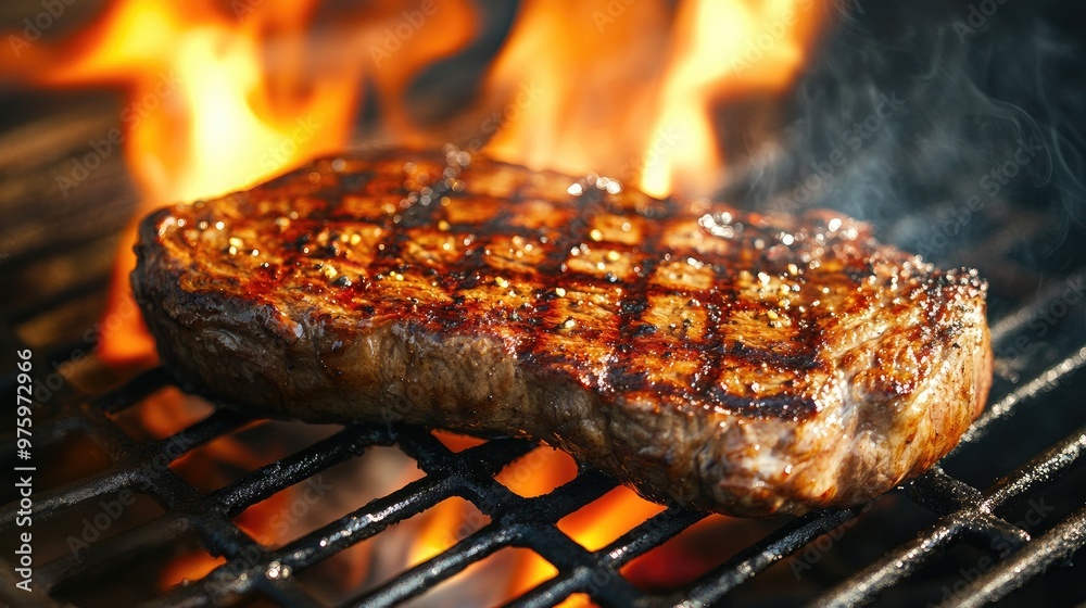 A sizzling steak on a grill, with flames and smoke rising, capturing the essence of a hot summer barbecue
