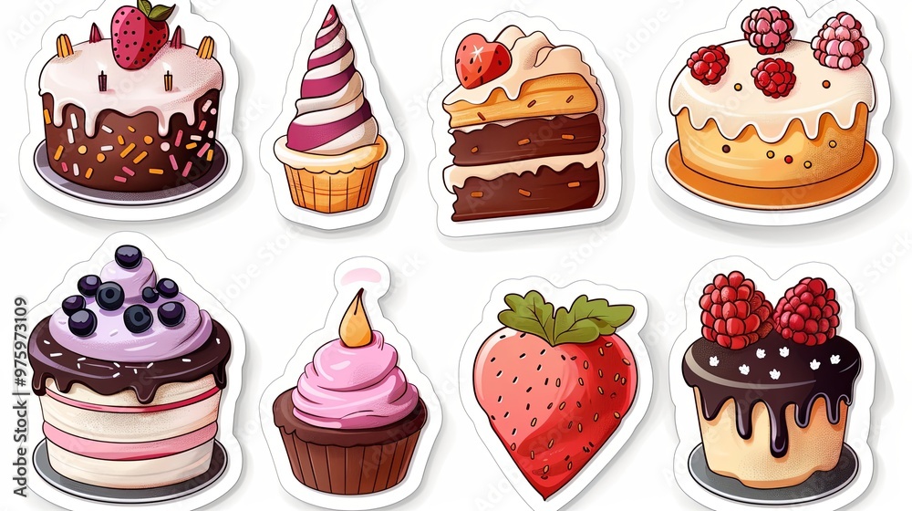 Set of various birthday cakes. Vector flat illustration sticker pack. Cliparts for holidays and greetings Set of various birthday cakes. Vector flat illustration sticker pack. Cliparts for holidays and greetings