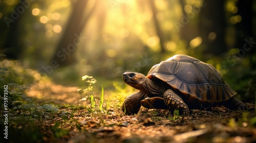 A tortoise slowly walking through a sunlit forest, with dappled light on its shell photo