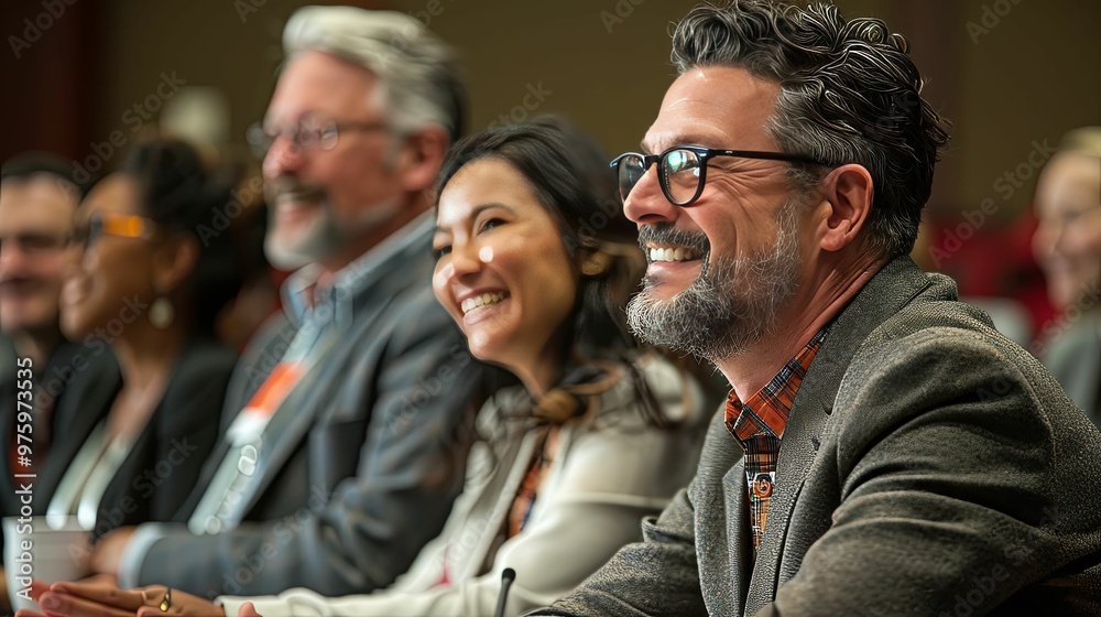 A man in a grey jacket smiles brightly while listening to a speaker at a conference. A man in a grey jacket smiles brightly while listening to a speaker at a conference.