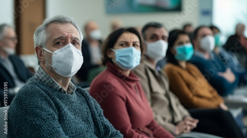 A group of patients in a waiting room, some wearing masks and visibly unwell, reflecting the spread of contagious sickness in public healthcare settings