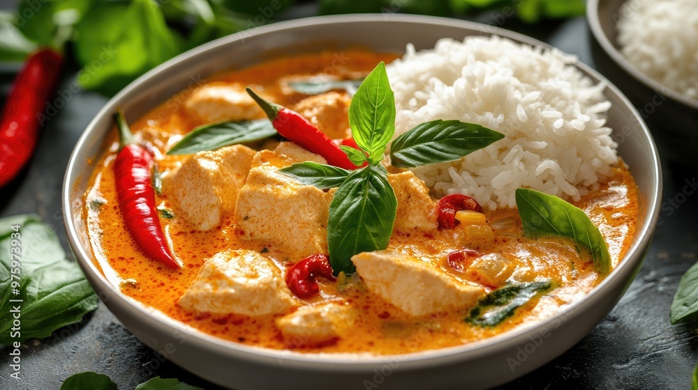 Close-up of a spicy red curry dish with steam rising, garnished with fresh herbs, chilies, and a side of rice Close-up of a spicy red curry dish with steam rising, garnished with fresh herbs, chilies, and a side of rice