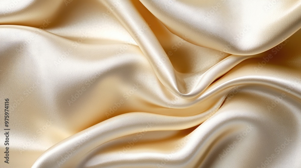 Obraz premium Close-up of cream-colored satin fabric with soft folds and shimmering texture, ideal for luxury fashion backgrounds
