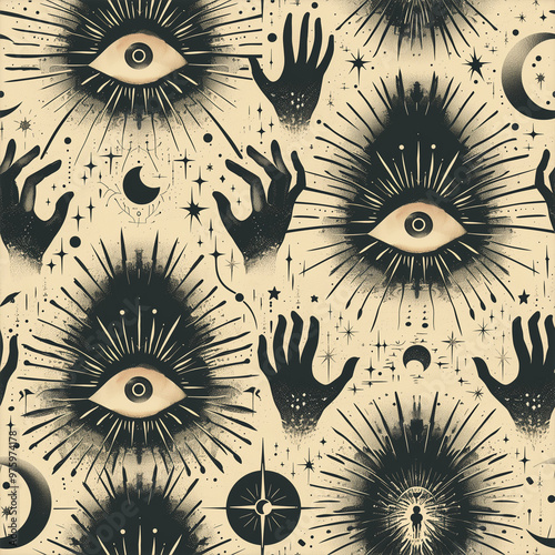 seamless pattern mystical and magical with eyes and hands, moon and stars