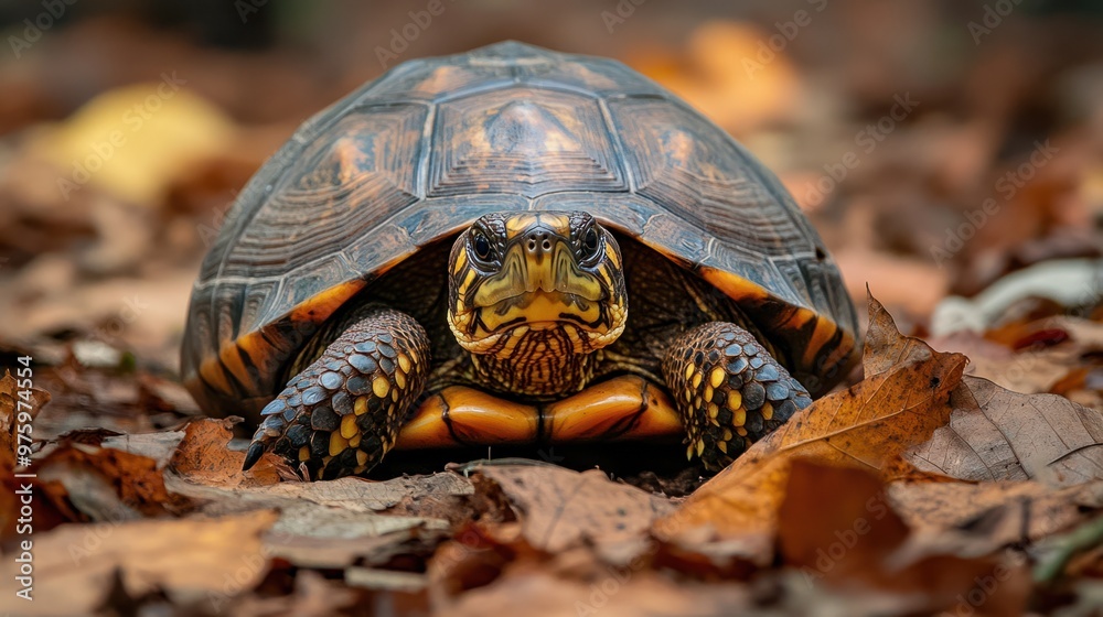 Naklejka premium A turtle emerging from its shell with curious eyes, on a forest floor covered in leaves