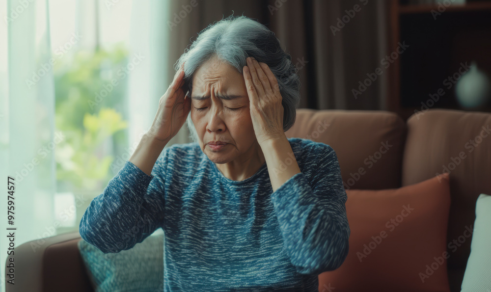 senior asian women feeling dizzy and headache sit on the sofa at home. senior asian women feeling dizzy and headache sit on the sofa at home.