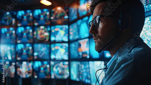 A Man with a Headset Watching Blue Screens with Data