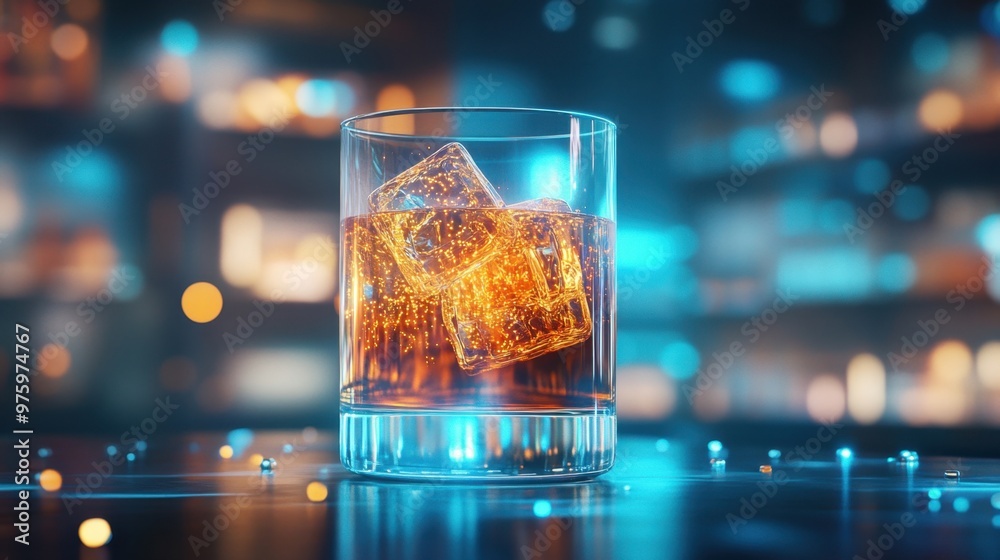Whiskey glass with holographic ice cubes, neon-lit bar, sleek futuristic design Whiskey glass with holographic ice cubes, neon-lit bar, sleek futuristic design