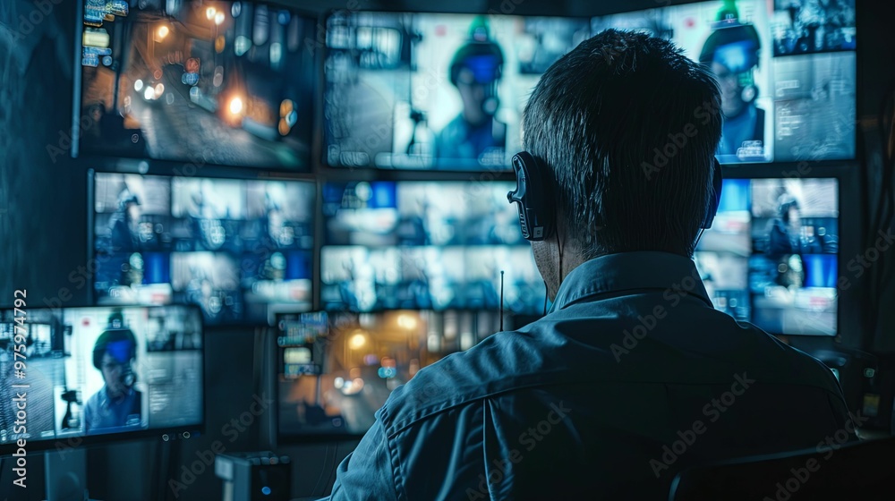 Man Monitoring Security Cameras in a Dark Room Man Monitoring Security Cameras in a Dark Room