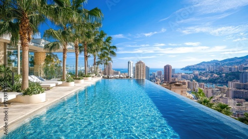 Luxurious hotel pool with palm trees and city views