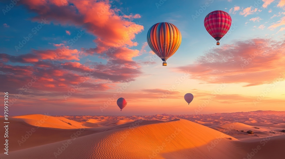 Hot air balloons drifting over a desert at sunrise, with a sky filled with warm colors and sand dunes below Hot air balloons drifting over a desert at sunrise, with a sky filled with warm colors and sand dunes below