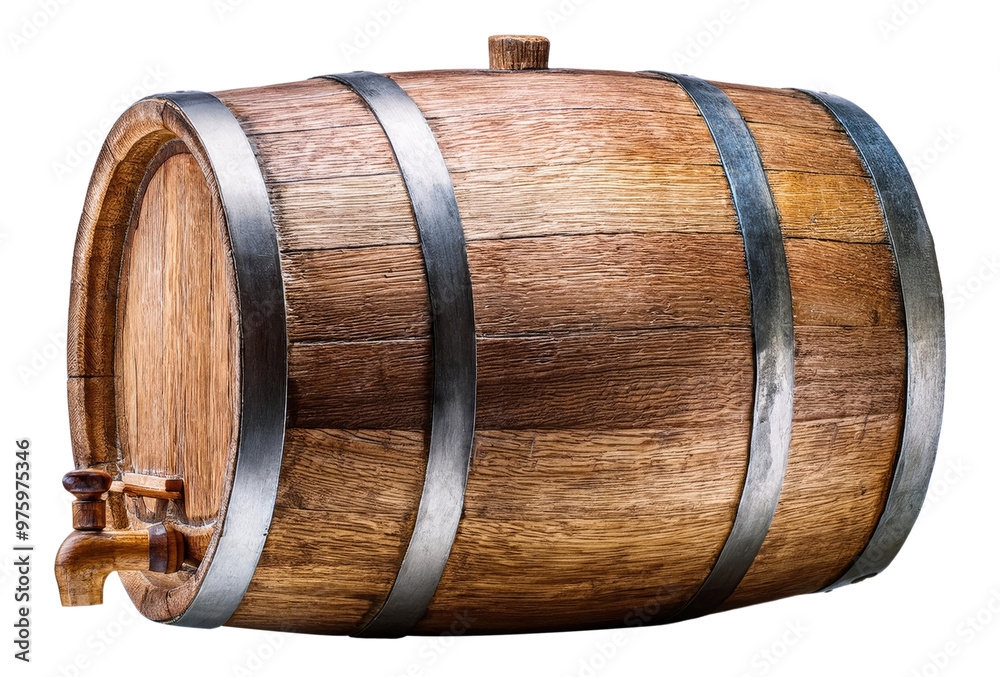 Wooden Barrel with Metal Hoops and Tap Isolated on Transparent Background Wooden Barrel with Metal Hoops and Tap Isolated on Transparent Background