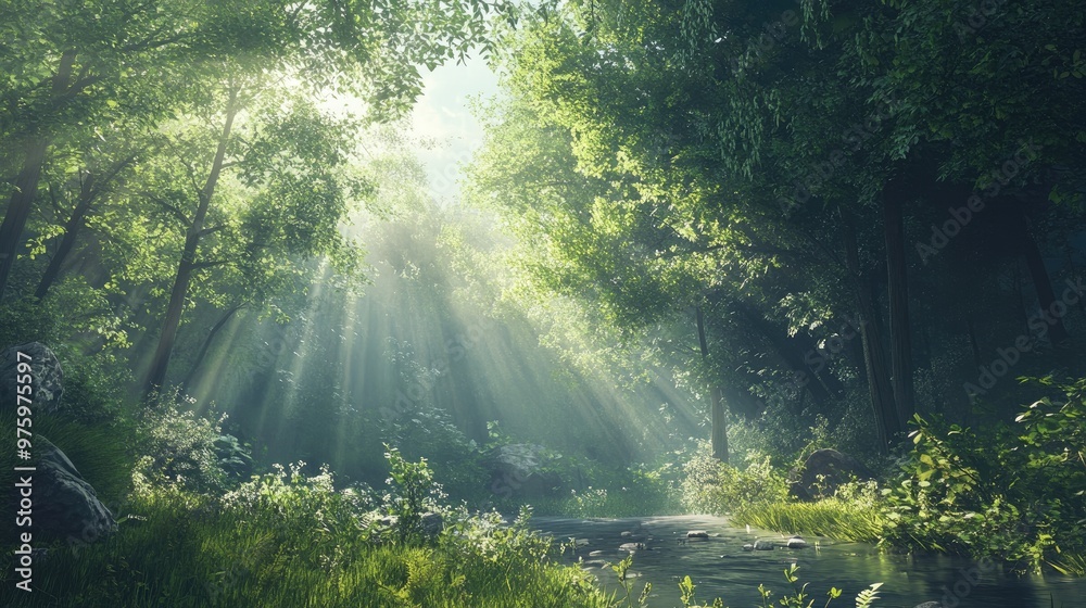 Sunlight streams through the lush trees, illuminating the serene forest, creating a peaceful and calming natural scene. Sunlight streams through the lush trees, illuminating the serene forest, creating a peaceful and calming natural scene.