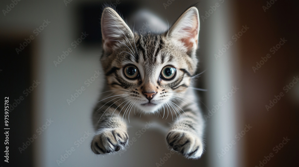 Cat leaping joyfully toward the camera , cat attack , Kitten jum