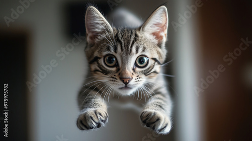 Cat leaping joyfully toward the camera , cat attack , Kitten jum photo