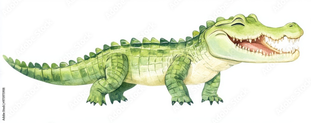 Obraz premium Colorful illustration of a happy cartoon crocodile with a big smile, showcasing vivid green shades and playful expression on a white background.