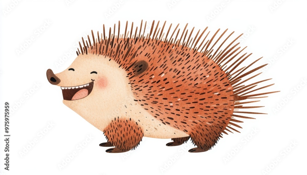 Obraz premium Cute cartoon hedgehog illustration, showing a happy and smiling expression with spiky fur. Perfect for children's books and playful designs.