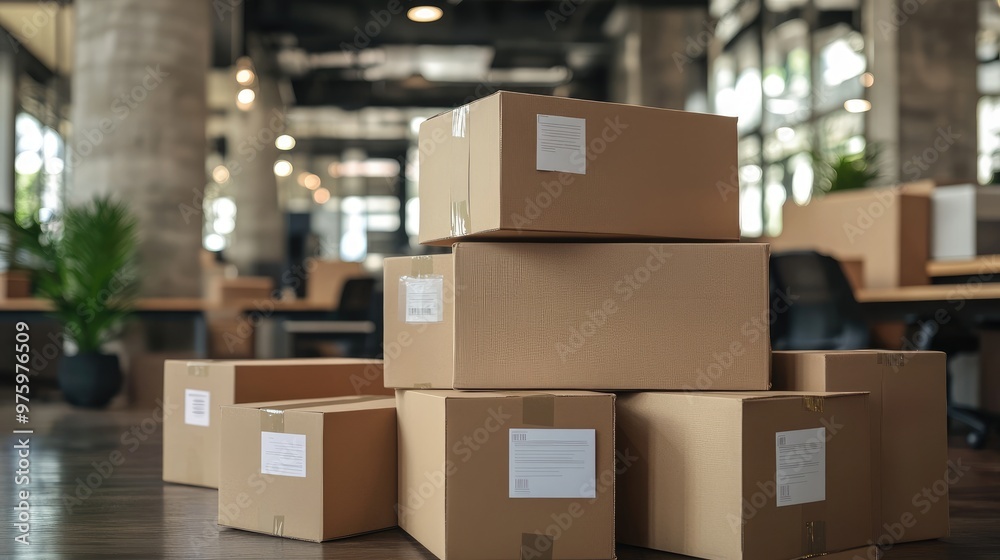 Stack of sealed cardboard boxes with shipping labels in an office environment, ready for relocation Stack of sealed cardboard boxes with shipping labels in an office environment, ready for relocation